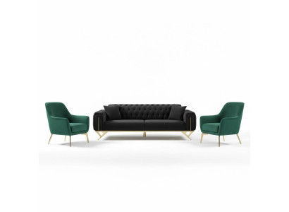 Schwarz Chesterfield Couch Dreisitzer Sitzpolster Sofa Samt Holz