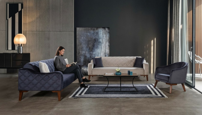 Wohnzimmer Sofagarnitur Sofa 3+3+1 Blaue Polster Set Sessel Textil