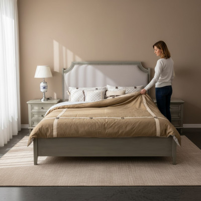 Premium Doppelbett im klassischen Design in Grau mit weißer Lederausstattung