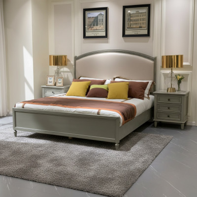 Premium Doppelbett im klassischen Design in Grau mit beiger Lederausstattung