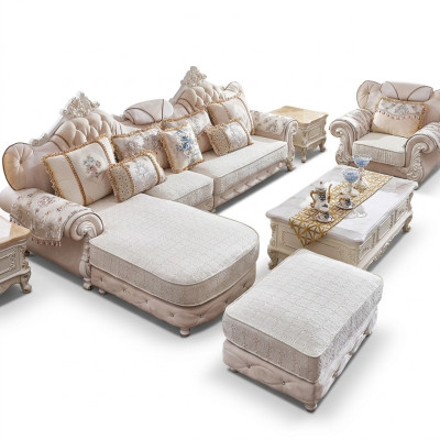 Ecksofa L-Form Sessel Hocker Couch Holz mit Textil Barock Rokoko
