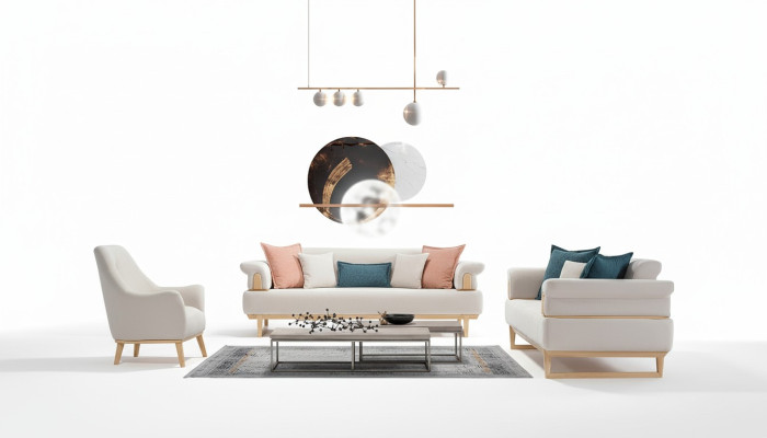 Modern Sofagarnitur 3+3+1 Sitzer Garnitur Set Sofas Sessel Holz mit Textil