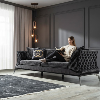 Sofa 3 Sitz Polster Möbel Dreisitzer  Couchen schwarz Holz mit Metall