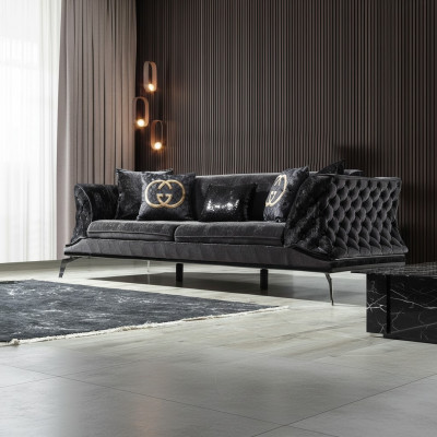 Sofa 3 Sitz Polster Möbel Dreisitzer  Couchen schwarz Holz mit Metall