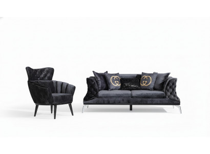 Schwarze Couch Sofa Garnitur 3+1 Sitz Chesterfield Wohnzimmer Polster