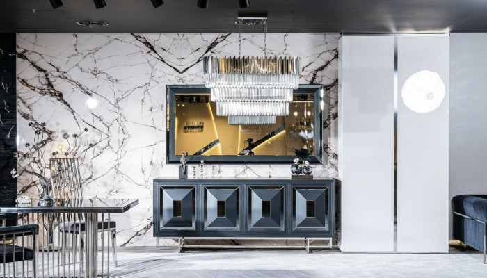 Anrichte Spiegel Wohnzimmer grau Kommode Holz Metall Stil Modern Schrank