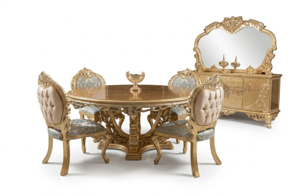 Luxus Garnitur Set Esszimmer Esstisch Stuhl Kommode Spiegel Stühle Tisch 7tlg.