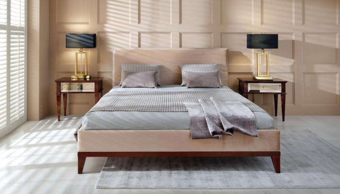 Modern Braun-beige Schlafzimmer Luxus Bett Holz Doppelbett Neu