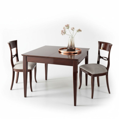 Eleganter Esstisch mit Stühlen in dunkelbrauner Farbe mit glänzender Oberfläche