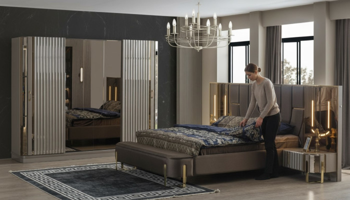 Garnitur Schlafzimmer Doppelbett Luxus Bett Modern Braun Set 4tlg Neu