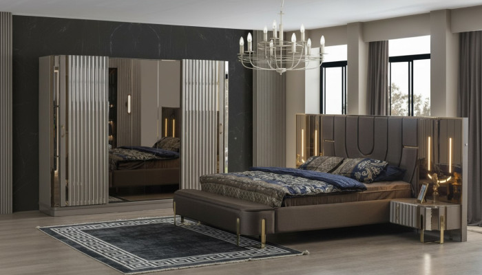 Garnitur Schlafzimmer Doppelbett Luxus Bett Modern Braun Set 4tlg Neu