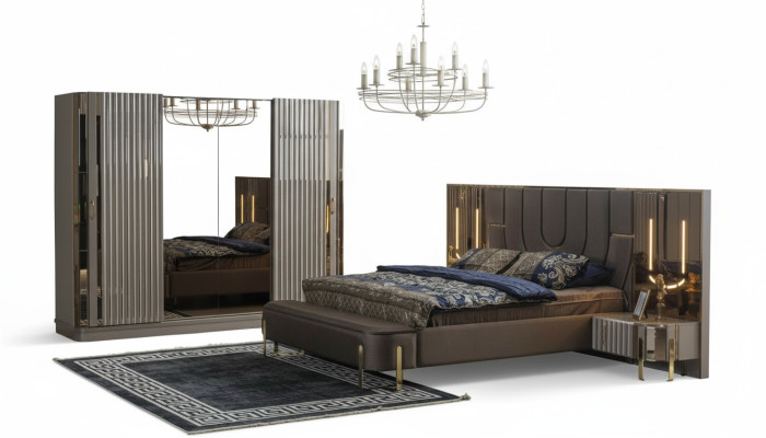 Garnitur Schlafzimmer Doppelbett Luxus Bett Modern Braun Set 4tlg Neu