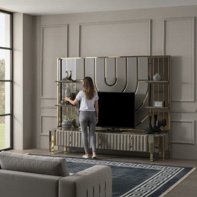 TV Ständer RTV Lowboard Sideboard Wohnzimmer Gold Grau Luxus Holz Neu