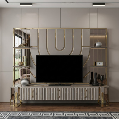 TV Ständer RTV Lowboard Sideboard Wohnzimmer Gold Grau Luxus Holz Neu