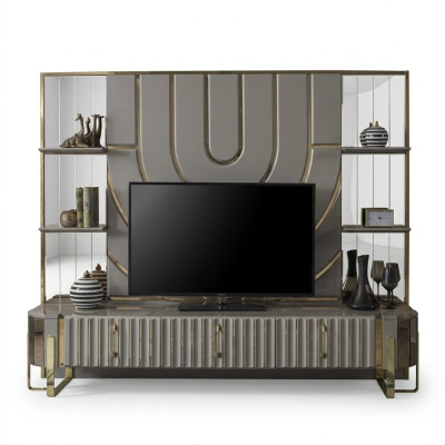 TV Ständer RTV Lowboard Sideboard Wohnzimmer Gold Grau Luxus Holz Neu
