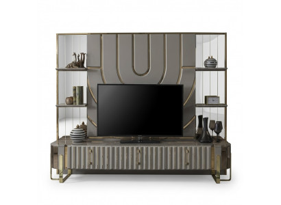 TV Ständer RTV Lowboard Sideboard Wohnzimmer Gold Grau Luxus Holz Neu