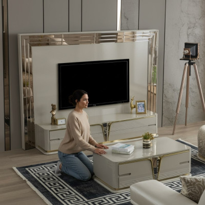 TV Ständer RTV Lowboard Sideboard Wohnzimmer Gold Beige Luxus Holz Neu