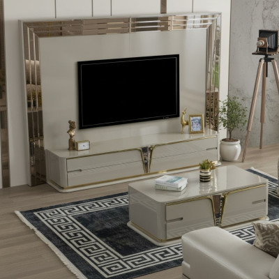 TV Ständer RTV Lowboard Sideboard Wohnzimmer Gold Beige Luxus Holz Neu