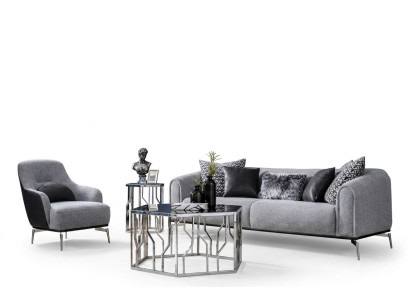 Modern Garnitur Sofa 3 Sitz Sessel Dreisitzer Stoff Grau Modern Polyester