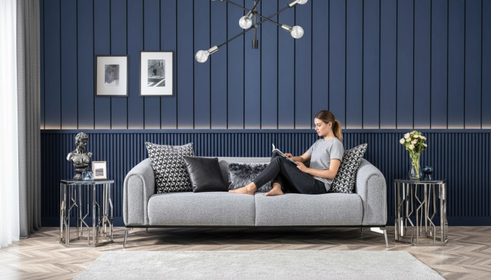 Dreisitzer Sofa 3 Sitzer Sofas Sitz Stoff Grau Wohnzimmer Modern Luxus