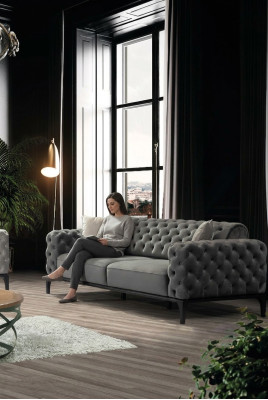 Sofa 3 Sitzer Dreisitzer Sofas Stoff Grau Wohnzimmer Chesterfield Neu