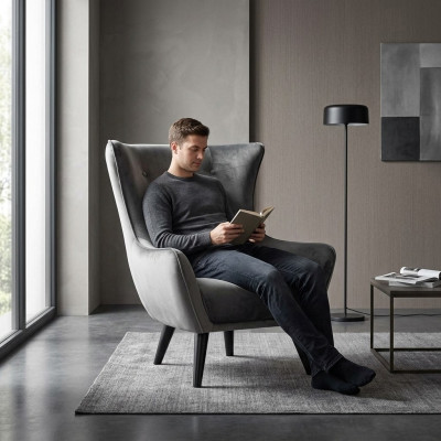 Sessel Ohrensessel Stoff Wohnzimmer Polyester Design Grau Modern Sitz