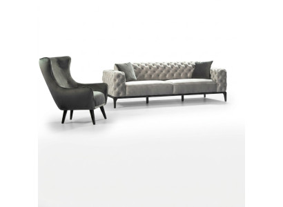 Chesterfield Sofagarnitur Sofa 3+1 Sitzer Stoff Grau Luxus Sofas Weiß