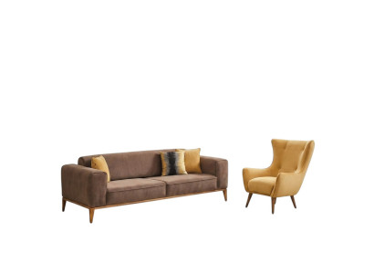Sofagarnitur Sofa 4 Sitzer Sessel Gelb Stoff Btaun Modern Viersitzer
