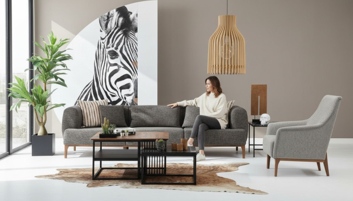 Sofagarnitur Dreisitzer Sitzer Modern Sessel Stoff Grau Wohnzimmer Set