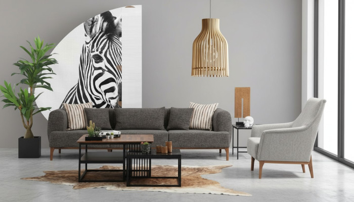 Sofagarnitur Dreisitzer Sitzer Modern Sessel Stoff Grau Wohnzimmer Set