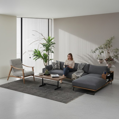Ecksofa L-Form Sofa Grau Modern Stoff Design Wohnzimmer Polyester