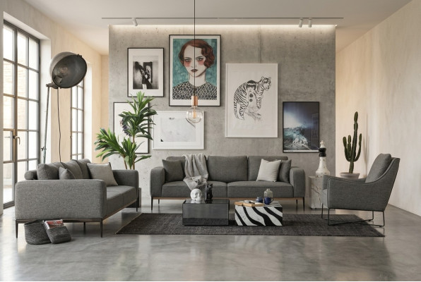 Komplette Couchgarnitur Sofagarnitur Sofa 321 Sitzer Stoff Set Grau