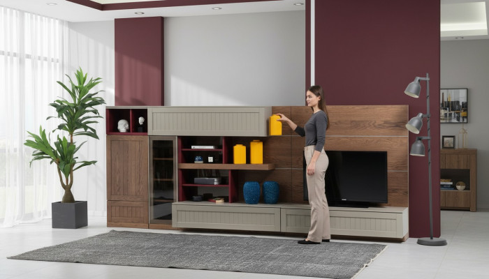 Wohnwand TV Ständer RTV Lowboard Vitrine Holz Modern Braun Wohnzimmer