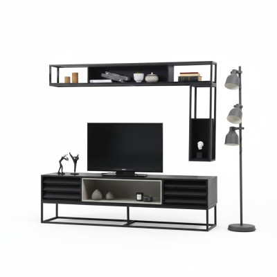 Wohnwand RTV Lowboard Regale TV Ständer Set Holz Modern Schwarz Design