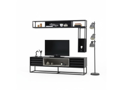 Wohnwand RTV Lowboard Regale TV Ständer Set Holz Modern Schwarz Design