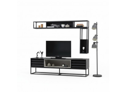 Wohnwand RTV Lowboard Regale TV Ständer Set Holz Modern Schwarz Design