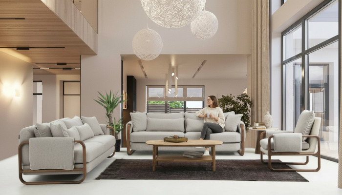Sofagarnitur 331 Sitzer Sessel Dreisitzer Modern Stoff Grau Set Design