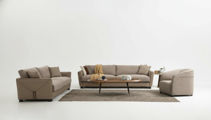 Modern Sofagarnitur Set 331 Sitzer Sessel Dreisitzer Modern Stoff Beige Set 3tlg