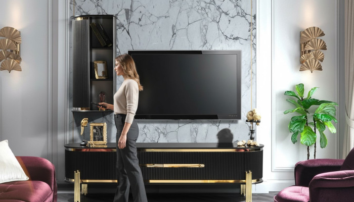 Modernes Lowboard Luxus RTV TV-Ständer Wohnzimmermöbel Schwarz Gold