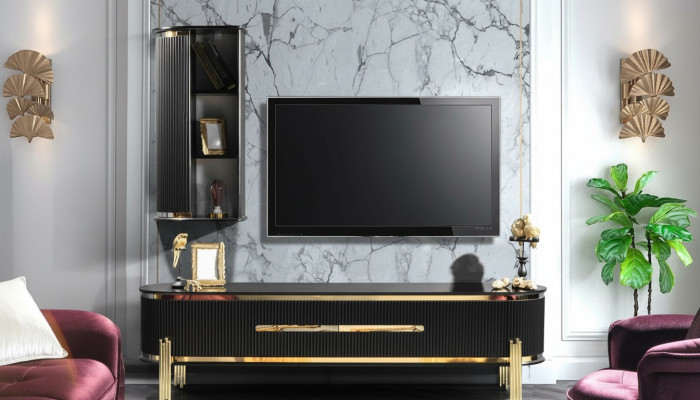 Modernes Lowboard Luxus RTV TV-Ständer Wohnzimmermöbel Schwarz Gold
