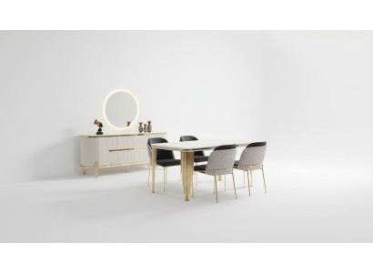 Luxus Esszimmer Garnitur Essgruppe Esstisch Stühle Set 6tlg Gold Weiß
