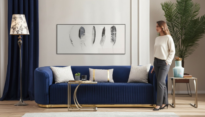 Edelstahl Dreisitzer Luxus Sofa Blau Wohnzimmermöbel Polstersofas Couchen
