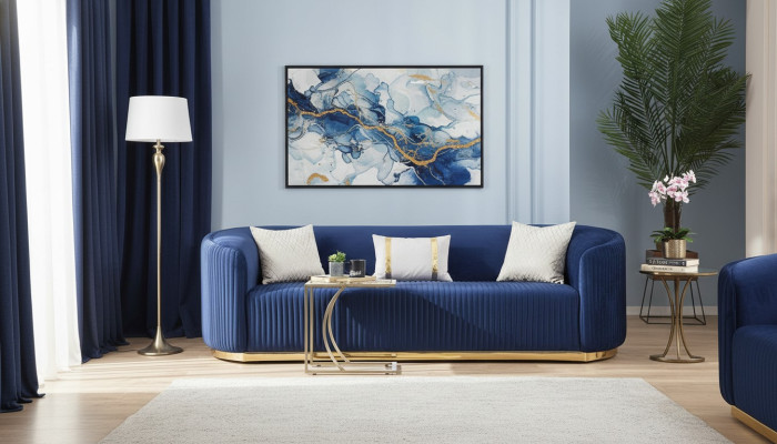 Edelstahl Dreisitzer Luxus Sofa Blau Wohnzimmermöbel Polstersofas Couchen