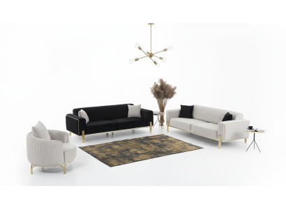 Luxus Sofagarnitur Dreisitzer Moderner Sessel Stoffmöbel Set 3tlg Schwarz 3+3+1