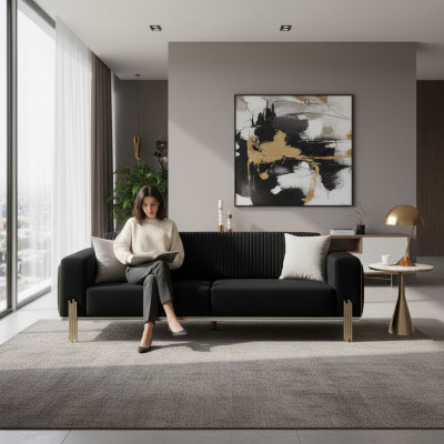 Moderner Schwarzer Dreisitzer mit Edelstahl Polster Couch Sofas Design