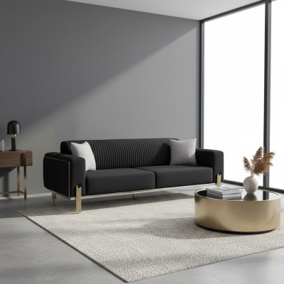 Moderner Schwarzer Dreisitzer mit Edelstahl Polster Couch Sofas Design