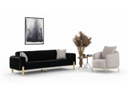 Moderne Sofagarnitur Dreisitzer Sessel Polster Set Mit Edelstahl 2tlg