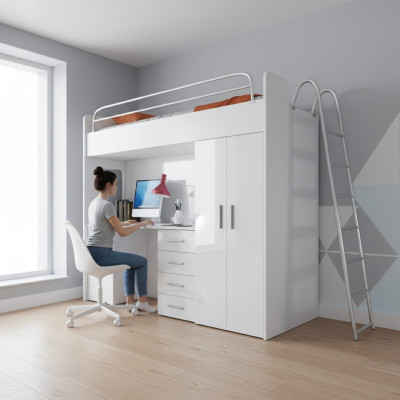 Weiß Doppelstockbett Holz Etagen Bett Mädchen Hochglanz Schreibtisch Schrank Neu