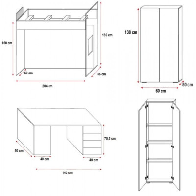 Lila Doppelstockbett Holz Etagen Bett Mädchen Hochglanz mit Schreibtisch Schrank
