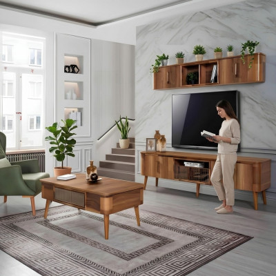 rtv tv Sideboard Leder Holz Tisch Fernseh Schrank Tisch Design Low 2tlg. Set Neu
